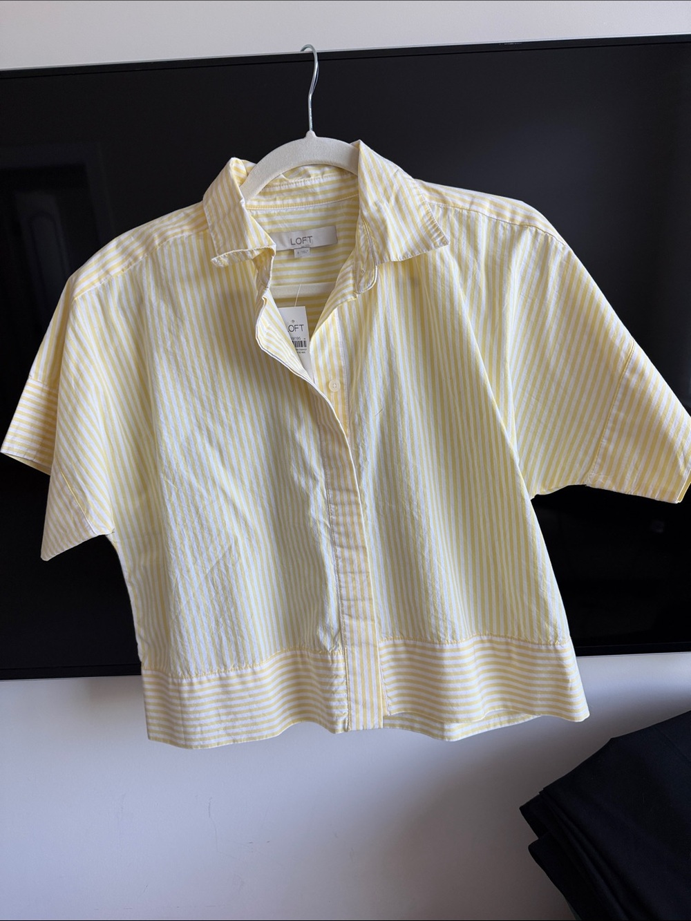 LOFT Yellow and White Striped Short Sleeve Button-Front Shirt